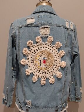 Between Us Pearl Distressed Upscaled Denim Jacket With Crocheted Patch